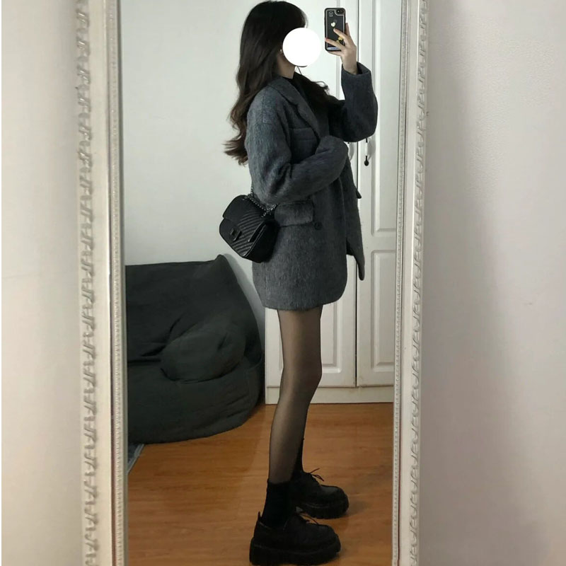 灰色毛呢外套女2023春秋新款加厚宽松高级感小个子西装呢子大衣女