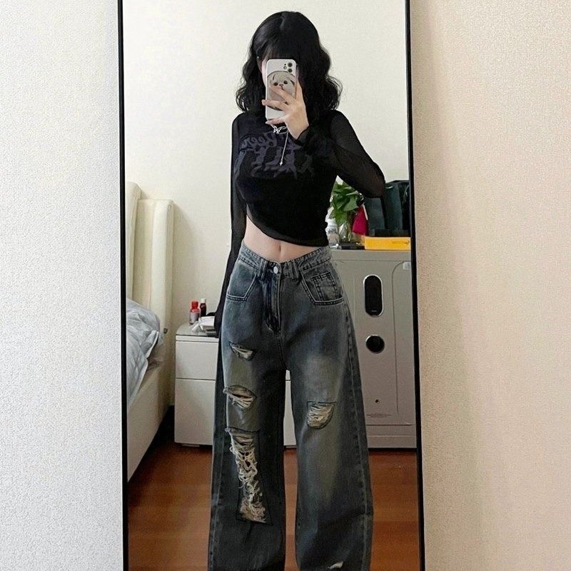 复古vibe直筒破洞牛仔裤女小个子夏季高腰宽松显瘦阔腿长裤拖地裤
