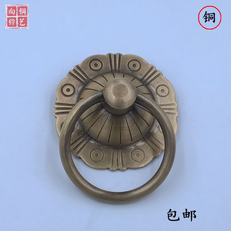 仿古大门铜配件实木门荷花门环敲门器纯铜中式门拉环铜拉手环门钹