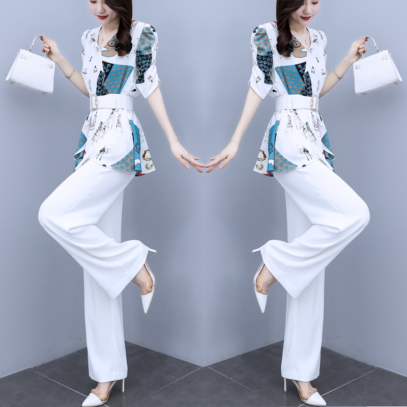 2021夏季套装新款阔腿裤女长裤时尚收腰显瘦雪纺衫上衣气质两件套