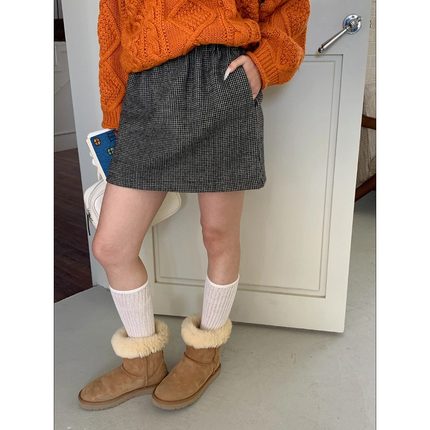 3th Morning 经典复古千鸟格松紧高腰A字加绒半身裙ZY3810