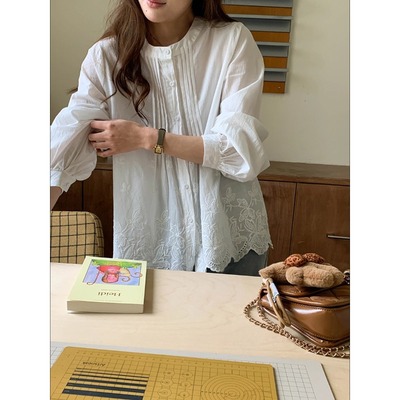 3th Morning 早春新款 镂空刺绣蕾丝边风琴褶衬衫全棉ZY3923