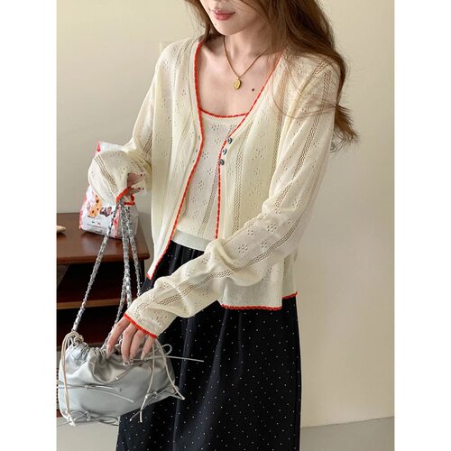 3th morning 心事 韩系撞色边针织吊带开衫两件套zy4075