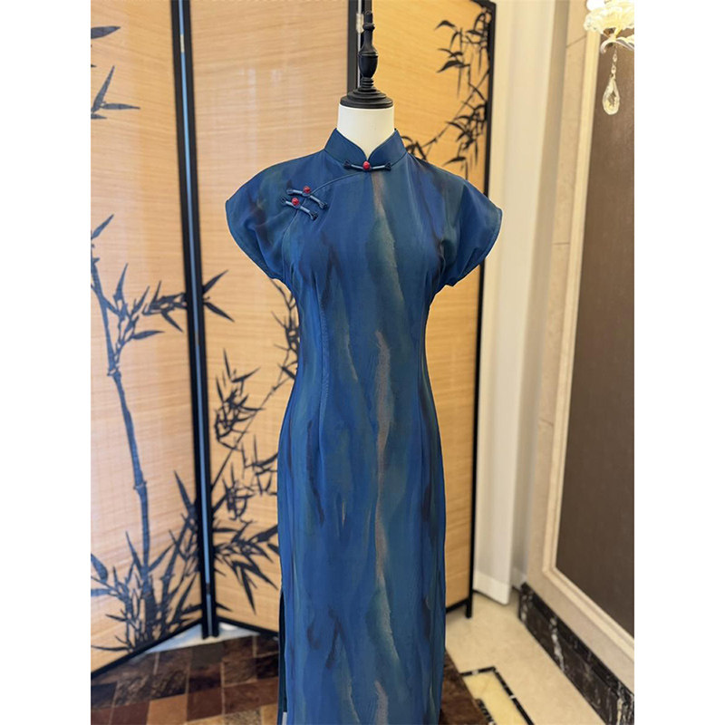 曼玉春夏短袖蓝色新中式国风复古显瘦改良旗袍小个子日常可穿裙子