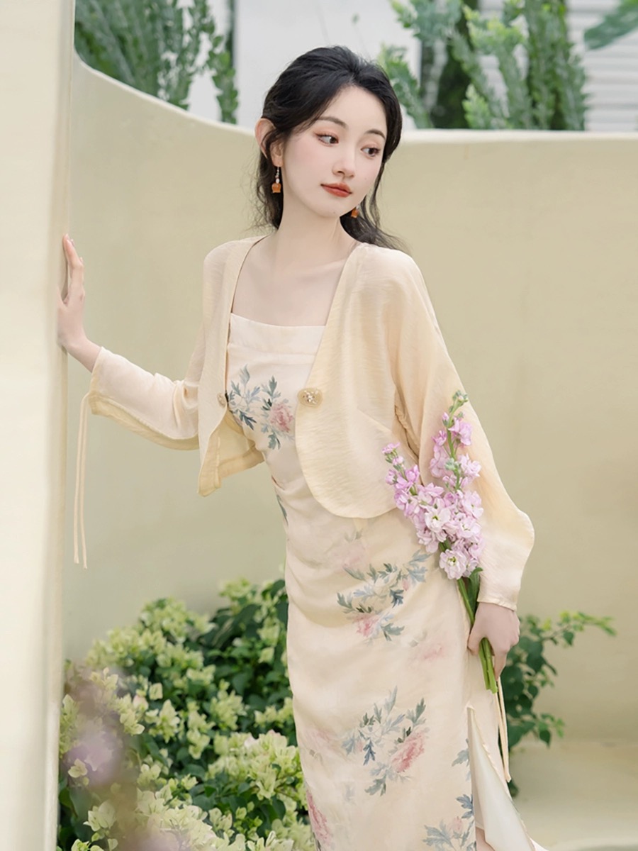 新中式复古国风吊带连衣裙两件套装温柔显瘦长裙夏新款2023小个子