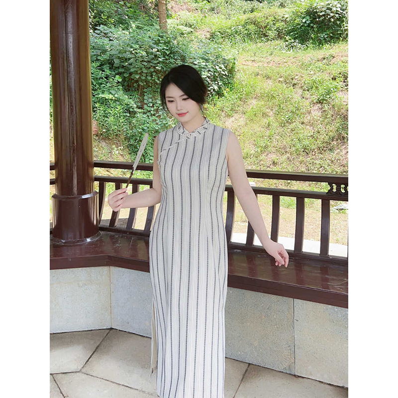 无袖【自制款】米白棉布条条纹新中式旗袍显瘦2025夏季新款连衣裙