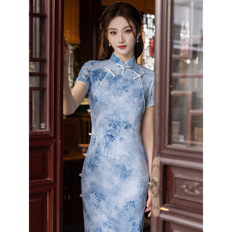 蓝色旗袍2025新款改良年轻款少女高级感新中式夏季复古优雅民国风图片