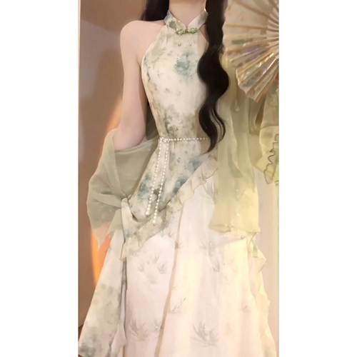 2024夏季新款改良旗袍女新中式国风印花拼接不规则挂脖连衣裙套装