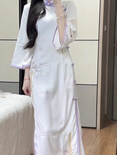 2023年春季新款白藤紫改良版倒大袖旗袍白色长款连衣裙日常可穿