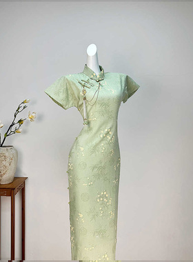 【青筠】全开襟绿色古法旗袍2025新款夏季年轻款送考改良一片式女