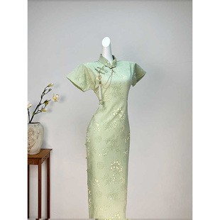 【青筠】全开襟绿色古法旗袍2025新款夏季年轻款送考改良一片式女