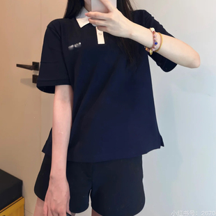 谬外贸夏季 徽标刺绣假两件拼接系扣女士POLO衫 学院少女风简约时尚