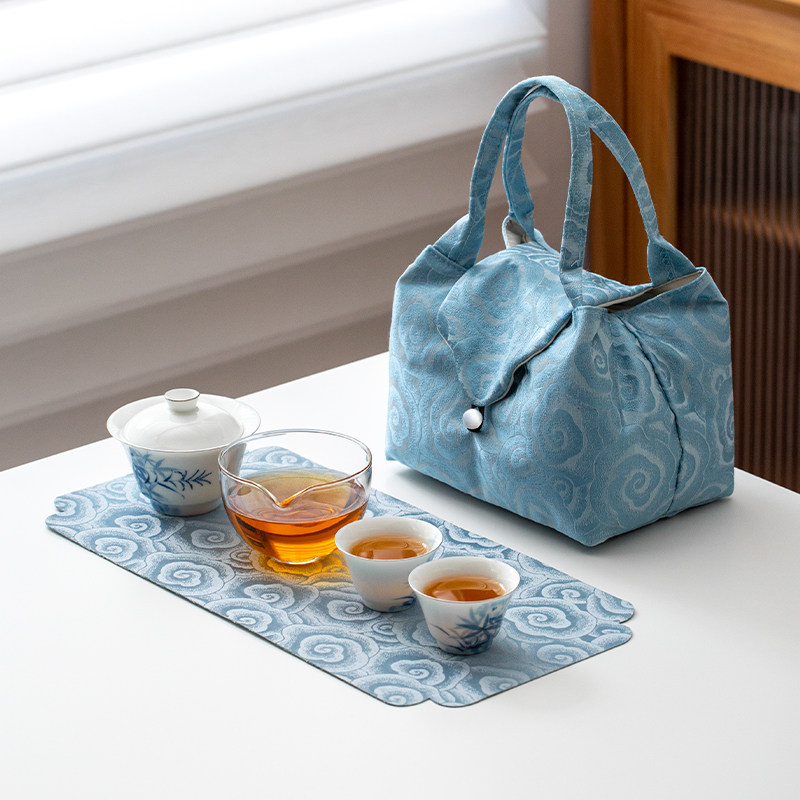 纯手工陶瓷旅行茶具快客杯手绘青花盖碗户外便携式薄胎茶具手提包图片
