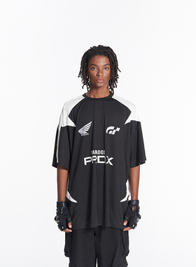 PRDX夏新款美式圆领印花男短袖球衣复古宽松T恤插肩袖潮流运动服