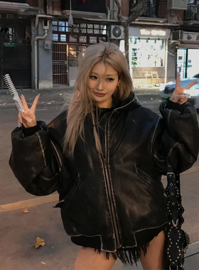 PRDX秋冬新款美式潮流高街重工擦色皮做旧水洗连帽棉服夹克外套