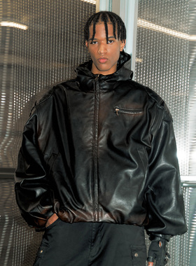 PRDX秋冬新款美式潮流高街水洗喷色皮重工棉服套头连帽夹克外套