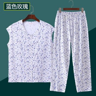 砍袖 系扣睡衣睡裤 中老年纯棉开衫 家居服老太太夏季 加大码 宽肩汗衫