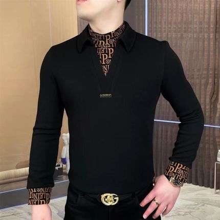 秋冬季男士长袖加绒假两件T恤中领修身欧版潮流加厚保暖帅气卫衣