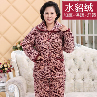 冬季 夹棉加绒 睡衣女士三层加厚保暖家居服套装 老年人妈妈奶奶大码