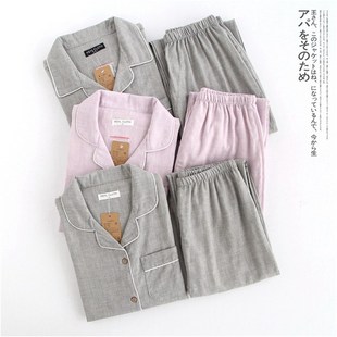 薄款 情侣款 男女士纯棉双层纱布睡衣套装 春秋季 家居服 长袖 全棉夏季