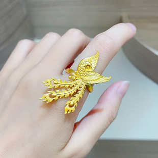 黄金凤凰戒指女999足金结婚食指戒新款三金婚嫁孔雀金戒指送老婆
