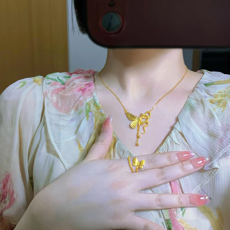 5G黄金蝴蝶灵蛇项链女999足金蝶舞流苏套链新款纯金生肖蛇锁骨链