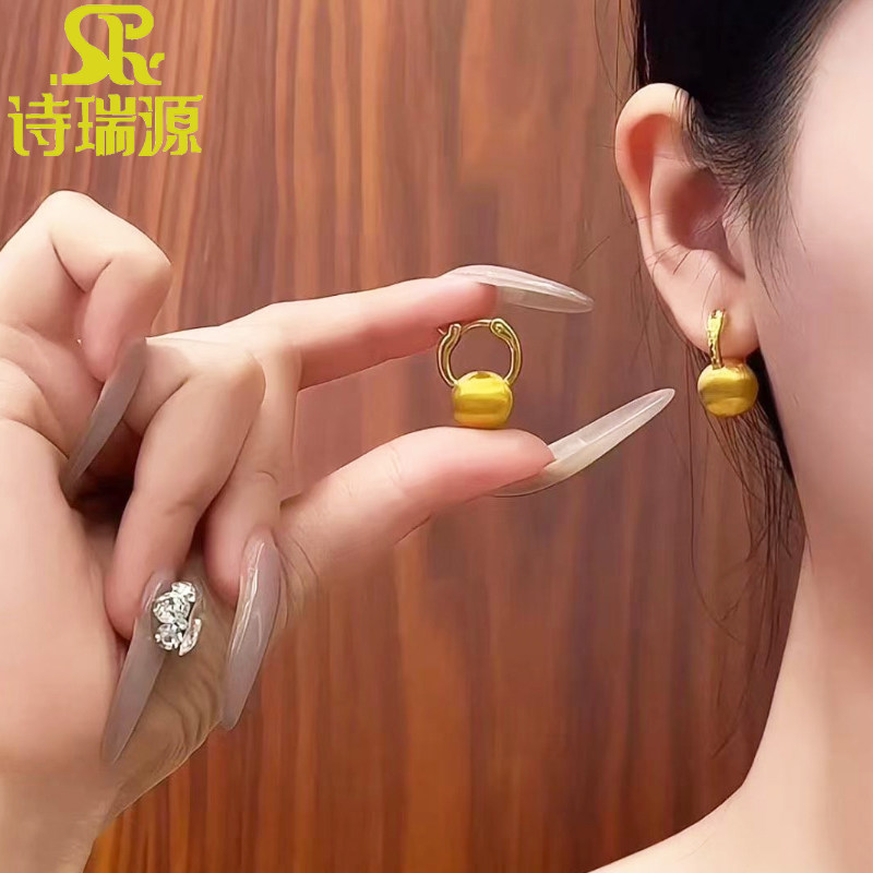 5D黄金拉丝球球耳扣女999足金ins风时尚百搭耳环纯金耳饰送礼自用