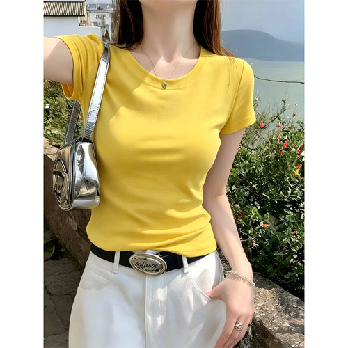 0811e多巴胺黄色圆领正肩短袖T恤女火减龄修身显瘦百搭气质上衣