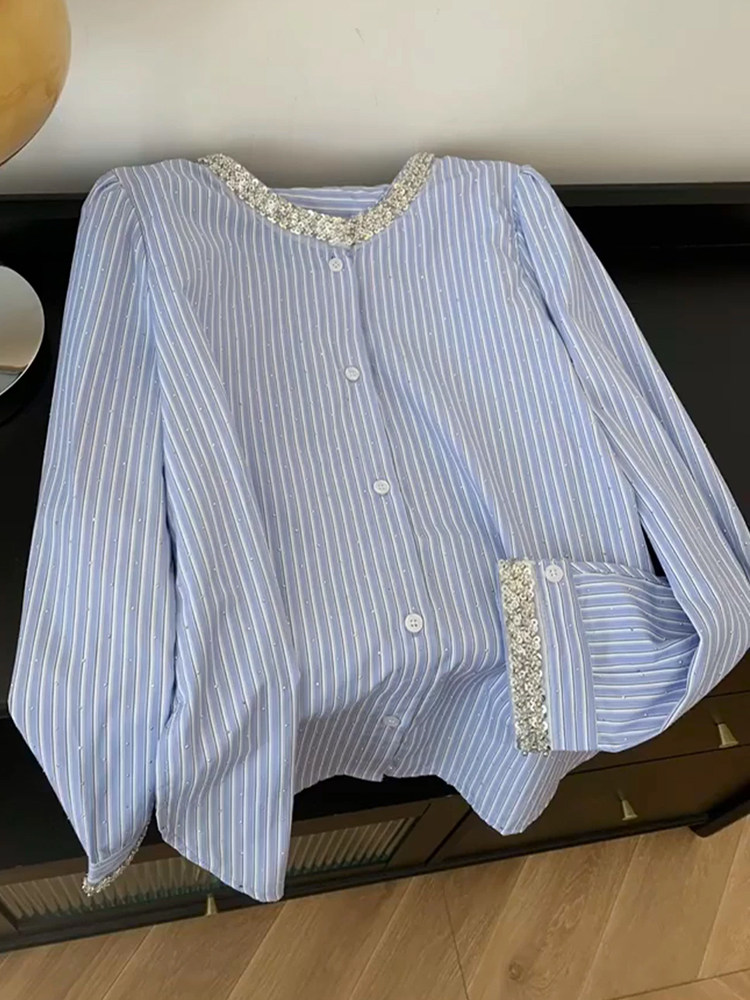品牌折扣设计感重工镶钻亮片蓝色条纹衬衫女法式宽松慵懒风衬衣潮