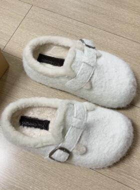 Trends！时尚气质白色平底棉鞋女2025新款春季一脚蹬勃肯鞋子