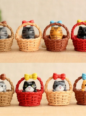 平底竹篮子小猫咪苔藓微景观摆件装饰品公仔多肉素材配件工艺品