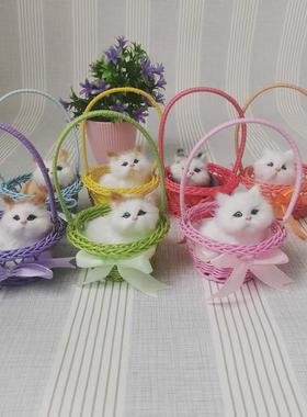 仿真提篮会叫猫咪狗兔子吊篮猫咪桌面摆件饰品生日礼品玩具花篮猫