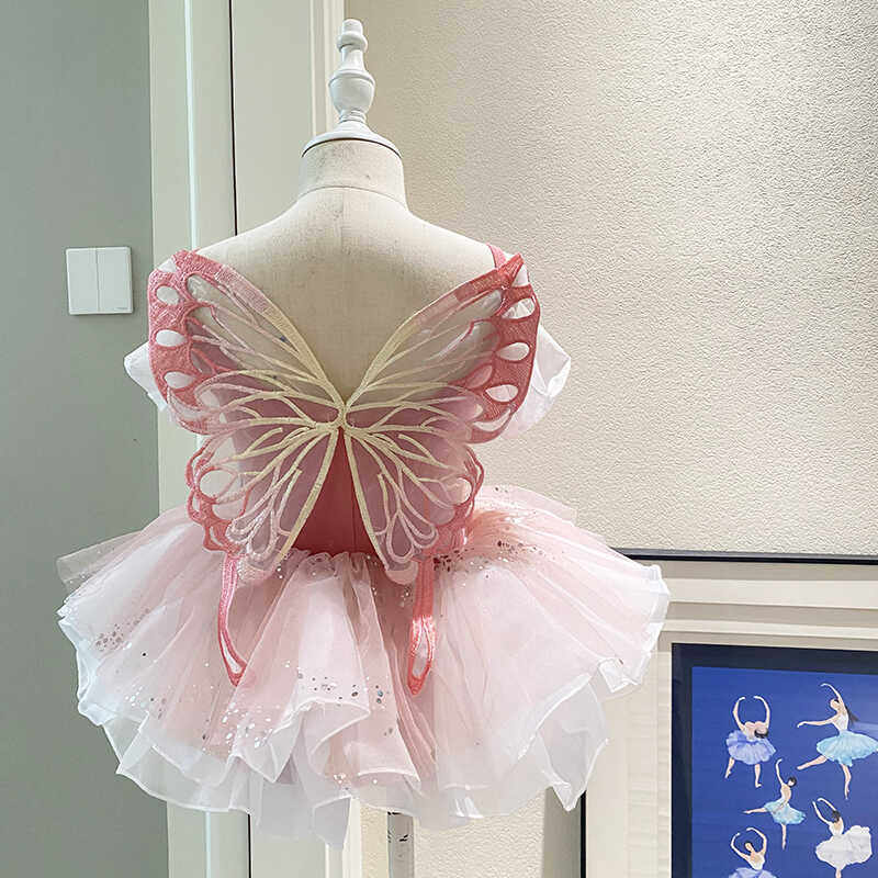 女童芭蕾舞练功服夏季甜美公主风连体服蝴蝶体操服跳舞小裙子