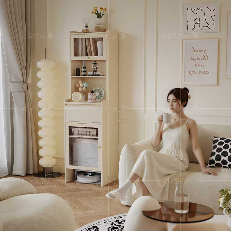 奶油风餐边柜客厅家政柜扫地机器人收纳柜靠墙一体收纳边柜置物柜