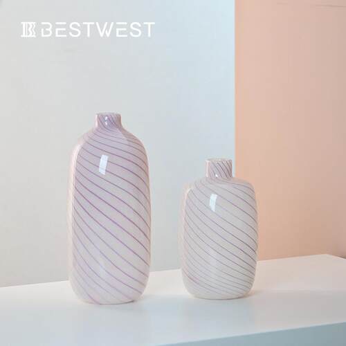 Best west 粉色小口条纹葫芦水培玻璃花瓶摆件家居软装装饰品花器