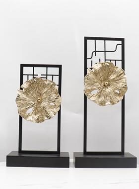 新中式样板间酒店玄关金属荷叶饰品家居桌面书房茶室客厅摆件手工