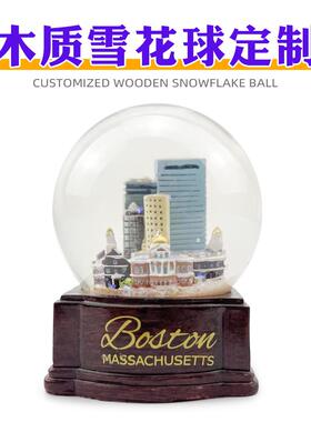 波士顿纪念品水晶球摆件 65mm城市建筑旅游礼品仿木纹树脂水晶球