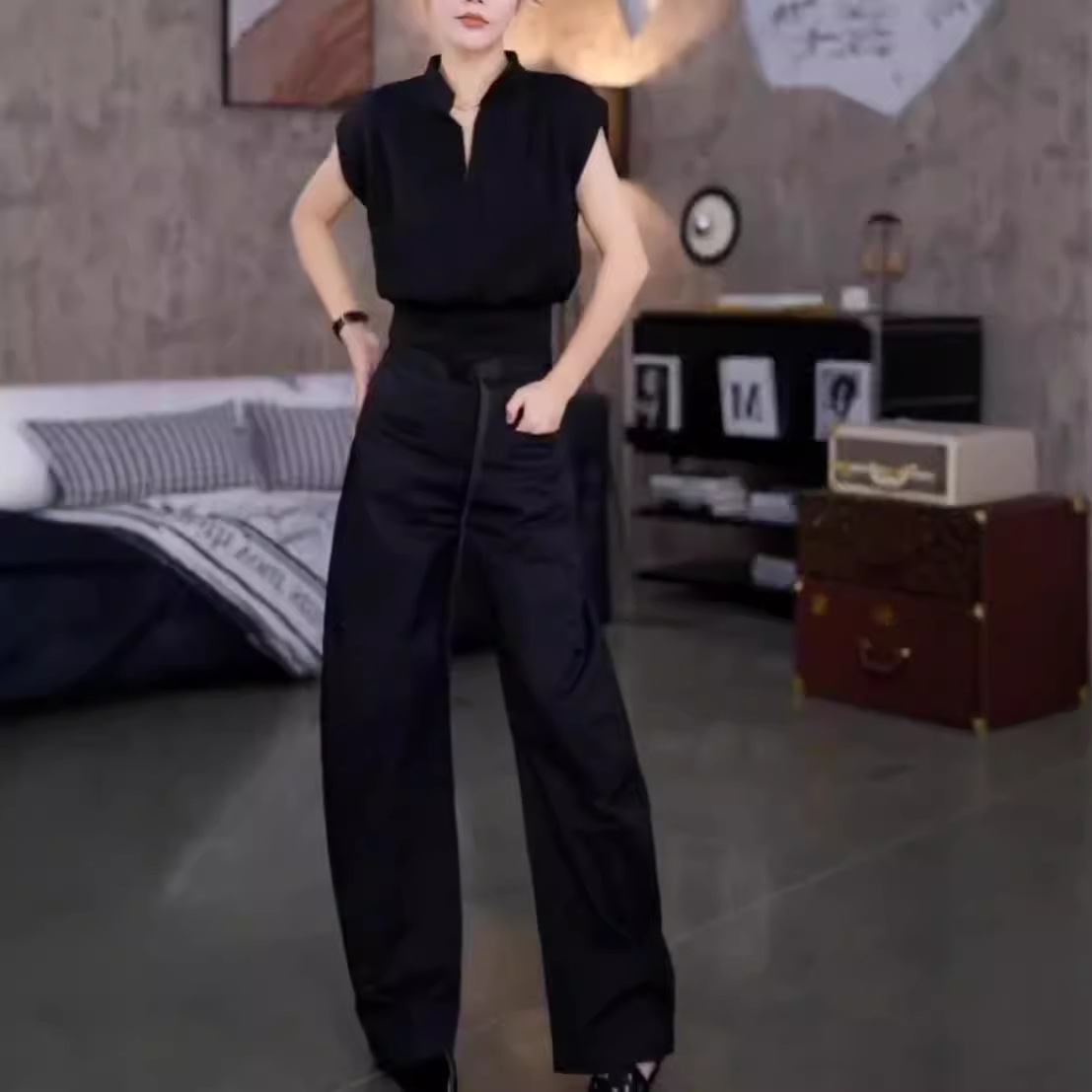 英国coopkoop新款v领色显瘦上衣垂坠感宽松休闲裤时尚女