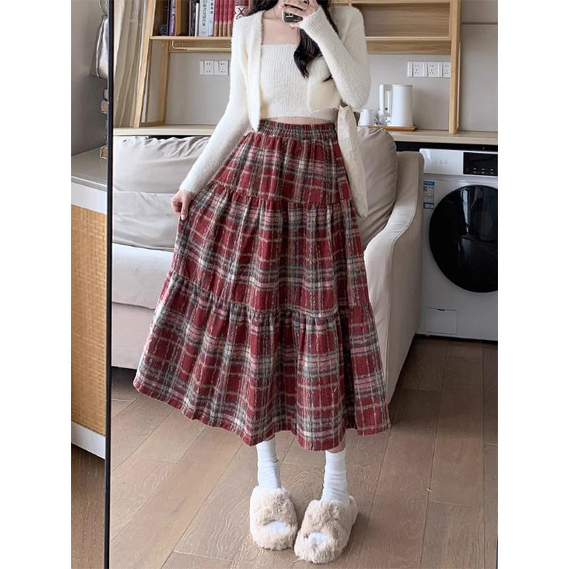 法国cherrykoko蓝色格子裙女秋冬季高腰a字显瘦中长款蛋糕裙毛呢