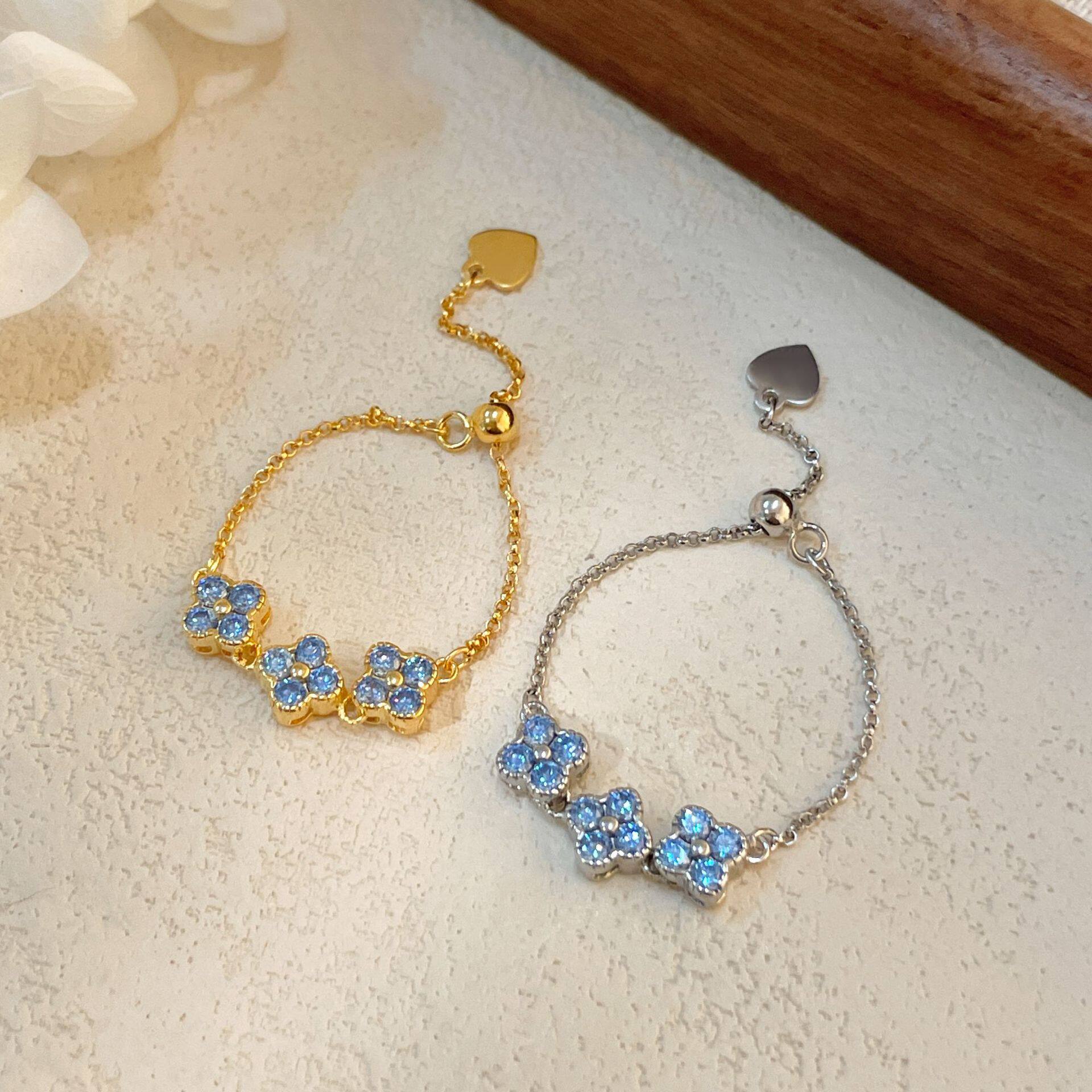 国风china chic s925银18k金四叶草抽拉戒指链小清新治愈天湖蓝可