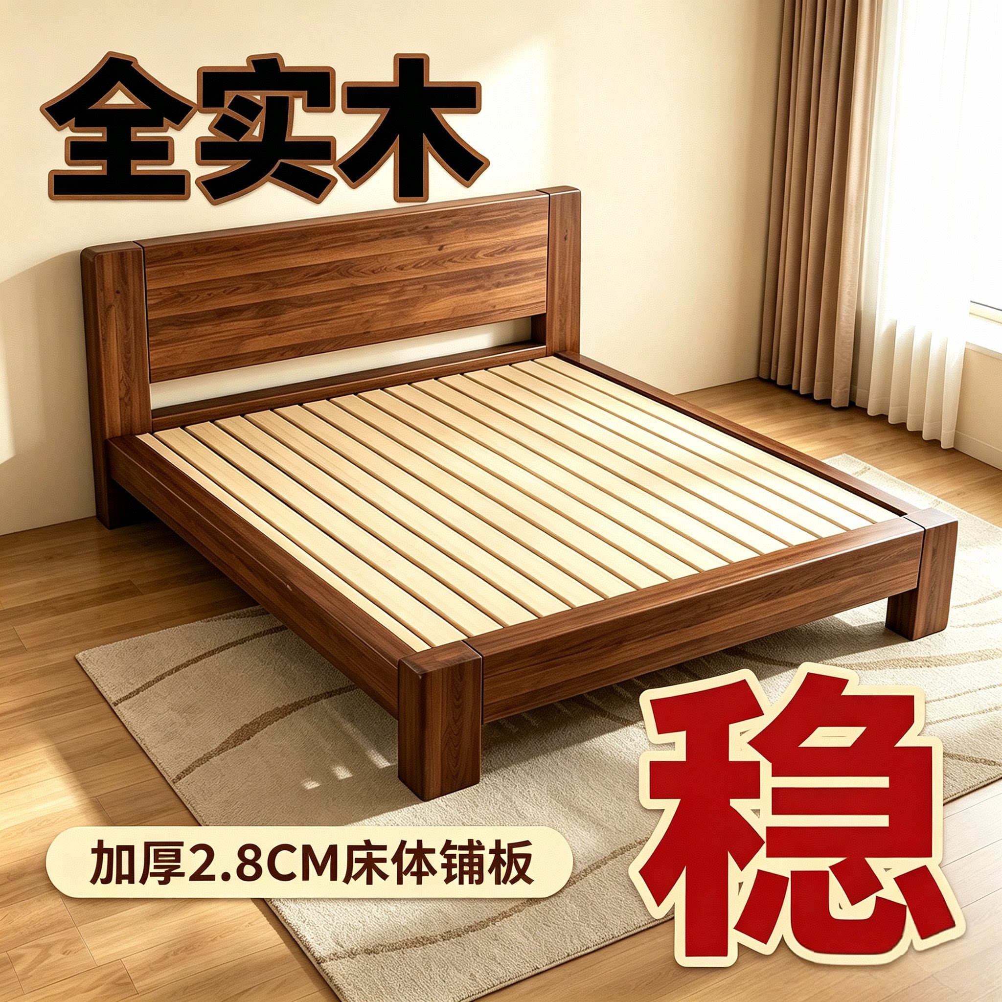 全实木床中式主卧180×200双人床图片