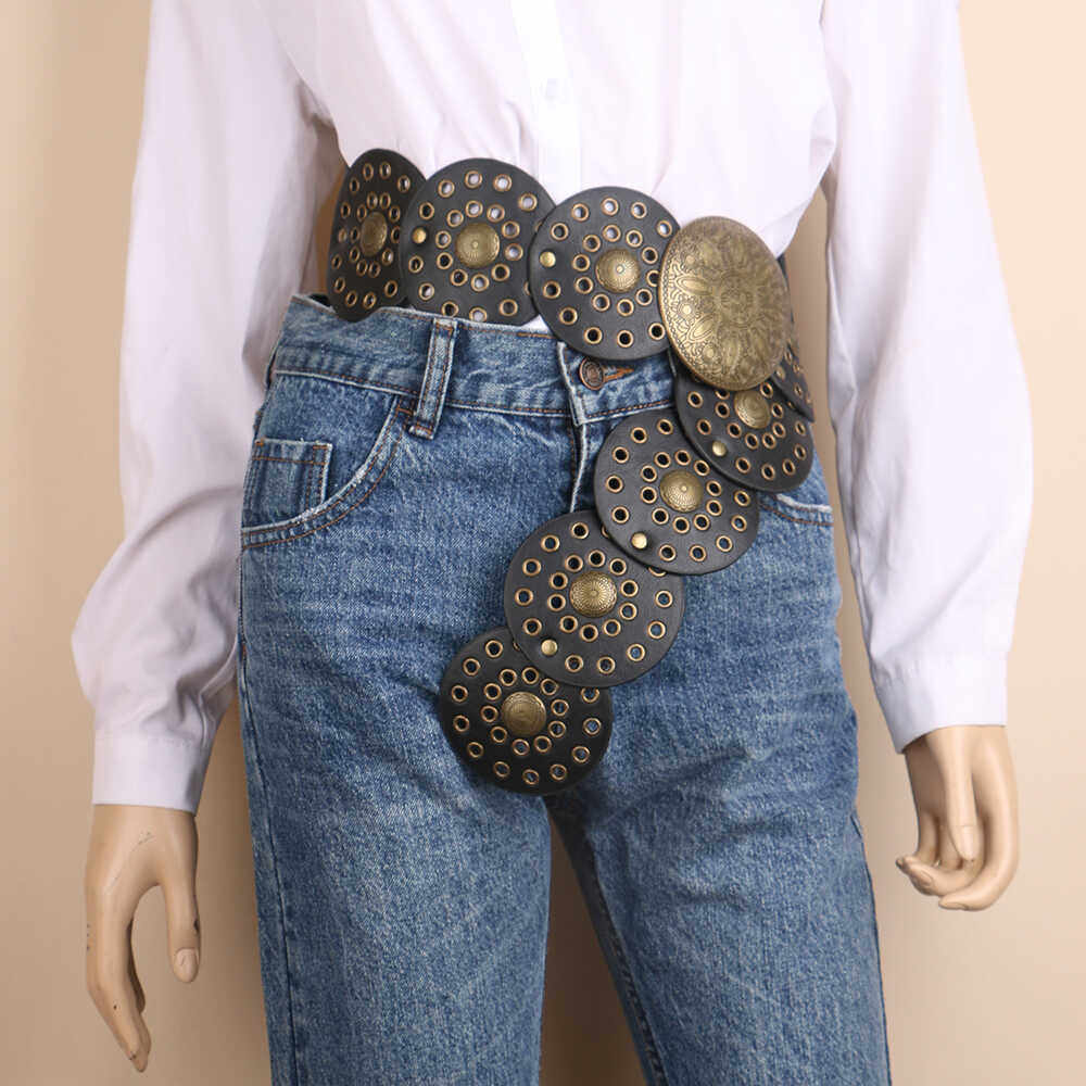 朋克复古部落风金属雕花镂空女士腰带腰封圆盘拼接皮带重金属挂扣