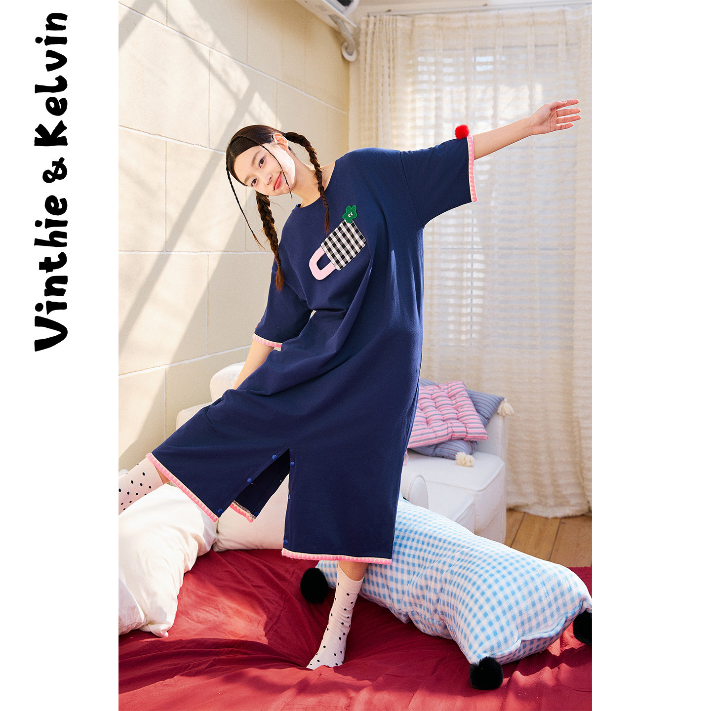 V&K2026春新款睡衣家居服女T恤连体长裤套装圆领可外穿休闲宽松
