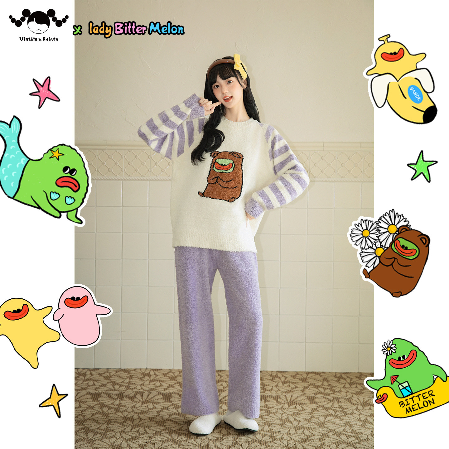 【苦瓜女士联名】V&K2025新款女睡衣家居服半边绒长袖裤套装鬼马,女士内衣/男士内衣/家居服,睡衣/家居服套装,淘宝优惠券,粉丝福利购,淘宝优惠卷