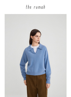 the rumah狐狸绒POLO领针织毛衣 云朵慕斯复古V领长袖针织POLO衫