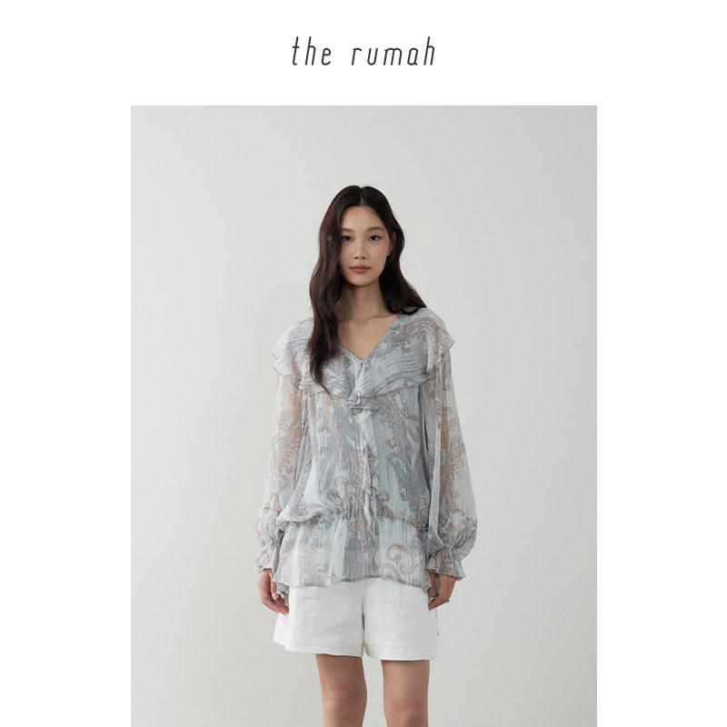 the rumah 腰果花荷叶边绑带衬衫 铜氨人丝宽松抽绳系带两穿上衣