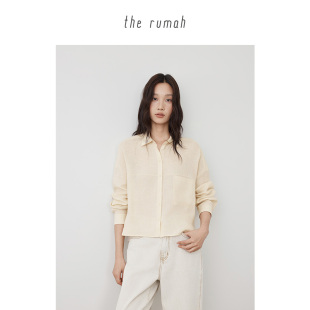 春夏休闲通勤小个子防晒长袖 衬衫 上衣女 rumah亚麻大口袋短款 the