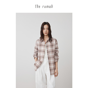 复古渐变磨毛格纹宽松衬衫 春夏新品 女 rumah粉色格纹宽松衬衫 the