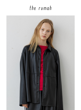 therumah 黑色蛋白皮翻领长袖衬衫 新品抽绳腰带廓形衬衫女