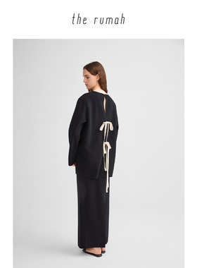 therumah黑色羊毛撞色绑带上衣 老钱风静奢轻盈舒适毛呢多穿系带